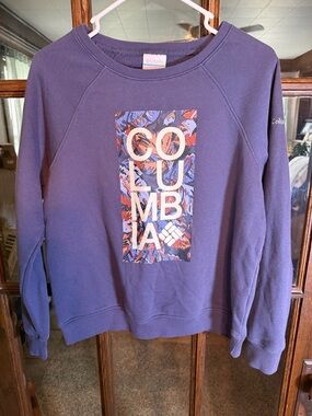 Columbia Purple Graphic Crewneck Sweatshirt Womens Medium Raglan Pullover Fleece